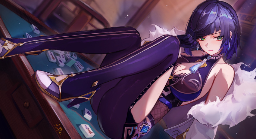 1girl, absurdres, bangs, bare_shoulders, black_gloves, blue_hair, blue_legwear, blunt_bangs