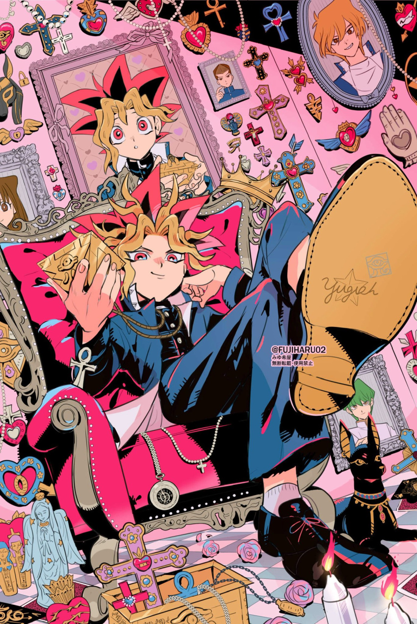 ankh, candle, chair, cross, crossed_legs, fujiharu_(akamine), highres, honda_hiroto