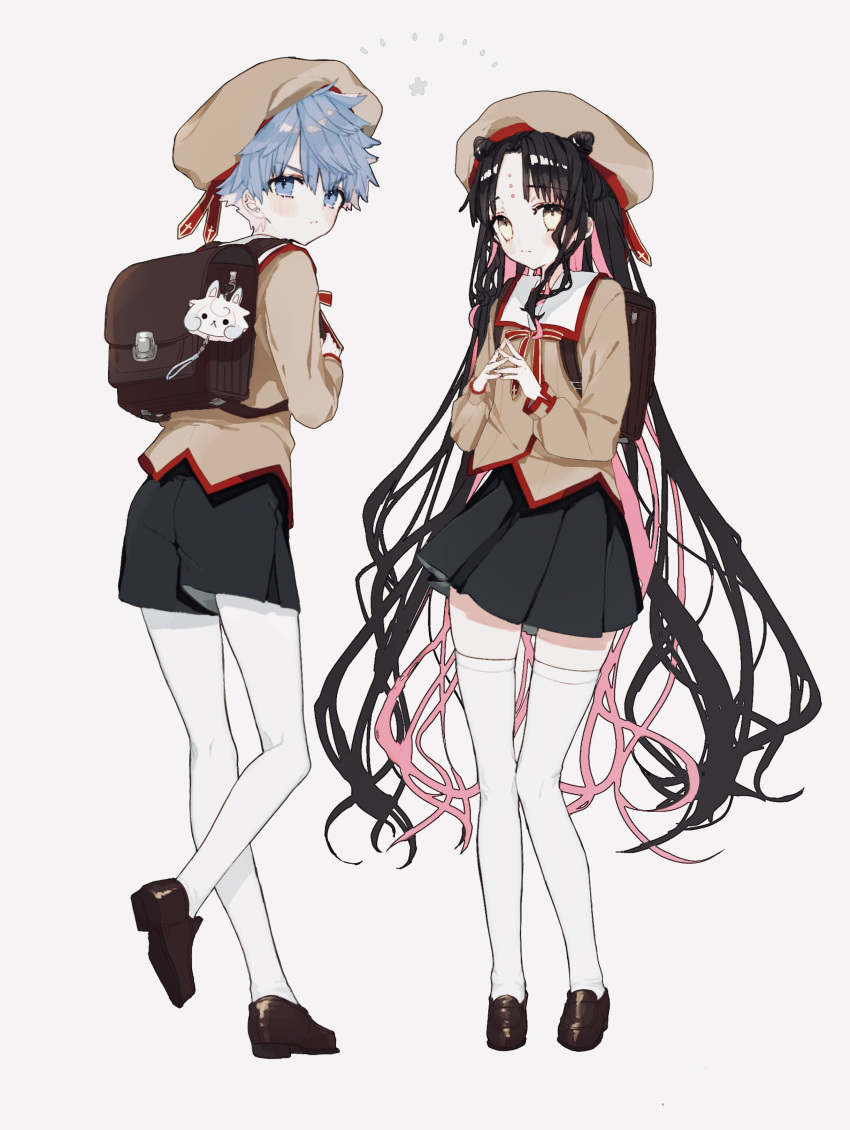 1boy, 1girl, absurdres, bag, bangs, black_hair, black_skirt, blue_eyes, blue_hair, blush, breast_pocket, breasts, brown_footwear, brown_jacket, brown_vest, closed_mouth, collared_shirt, commentary, cross_print, double_bun, expressionless, facial_mark, fate/grand_order, fate_(series), forehead_mark, forehead_tattoo, fou_(fate), full_body, hans_christian_andersen_(fate), hat, highres, homurahara_academy_uniform, jacket, loafers, long_hair, looking_at_viewer, miniskirt, multicolored_hair, neck_ribbon, official_alternate_costume, parted_bangs, pink_hair, pith_u, pleated_skirt, pocket, puffy_short_sleeves, puffy_sleeves, red_ribbon, ribbon, sailor_collar, school_bag, school_uniform, sesshouin_kiara, sesshouin_kiara_(lily), shirt, shoes, short_hair, short_sleeves, shorts, skirt, small_breasts, streaked_hair, very_long_hair, vest, wavy_hair, white_legwear, white_sailor_collar, yellow_eyes, younger