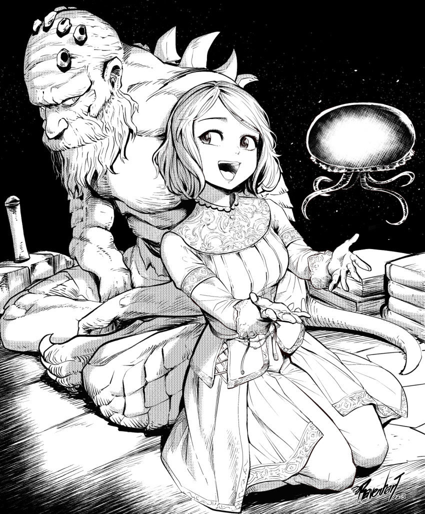 1boy, 1girl, :d, aurelia_(elden_ring), beard, bob_cut, claws, dress