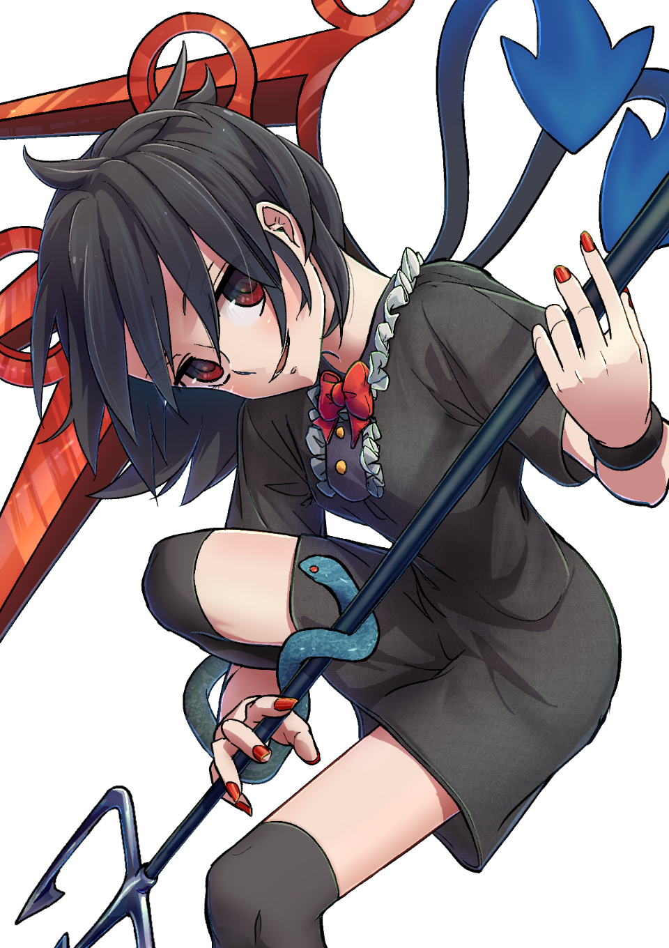 1girl, asymmetrical_wings, bangs, black_dress, black_hair, black_legwear, blue_wings, blush