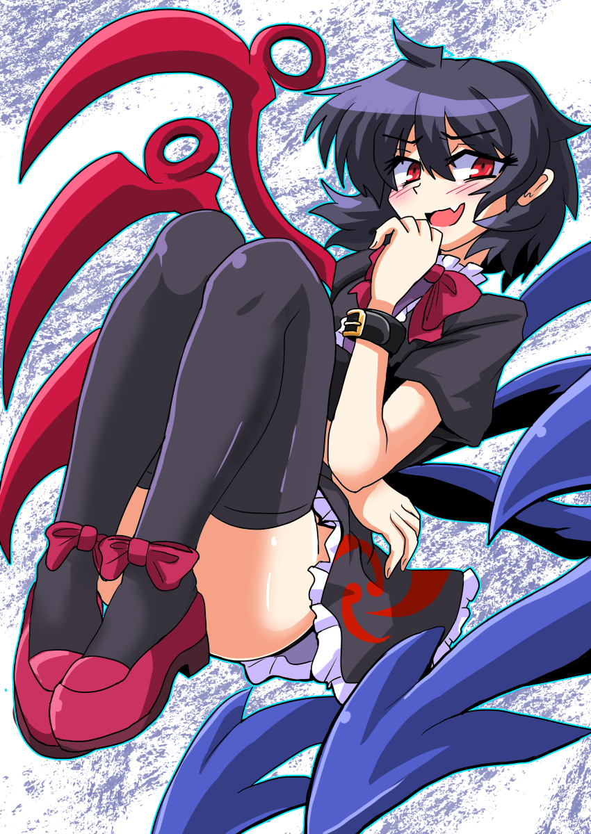 1girl, asymmetrical_wings, bangs, belt, black_belt, black_dress, black_hair, black_legwear, blue_wings, blush, bow, bowtie, center_frills, commentary_request, convenient_leg, dress, eyebrows_visible_through_hair, fang, footwear_bow, frilled_dress, frills, full_body, hair_between_eyes, harukatron, highres, houjuu_nue, looking_at_viewer, mary_janes, open_mouth, red_bow, red_bowtie, red_eyes, red_footwear, red_wings, shoes, short_dress, short_hair, short_sleeves, skin_fang, smile, solo, thigh-highs, tomoe_(symbol), touhou, wings, wrist_belt