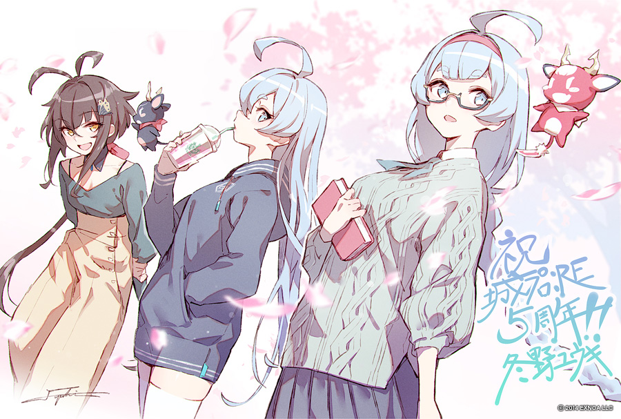 3girls, :d, ahoge, alternate_costume, anniversary, antenna_hair, artist_name, blue_eyes