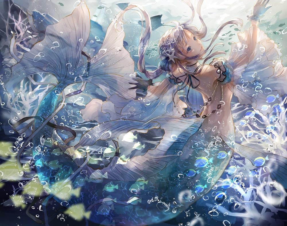 1girl, back, blue_eyes, bubble, collar, fish, fish_tail, from_behind