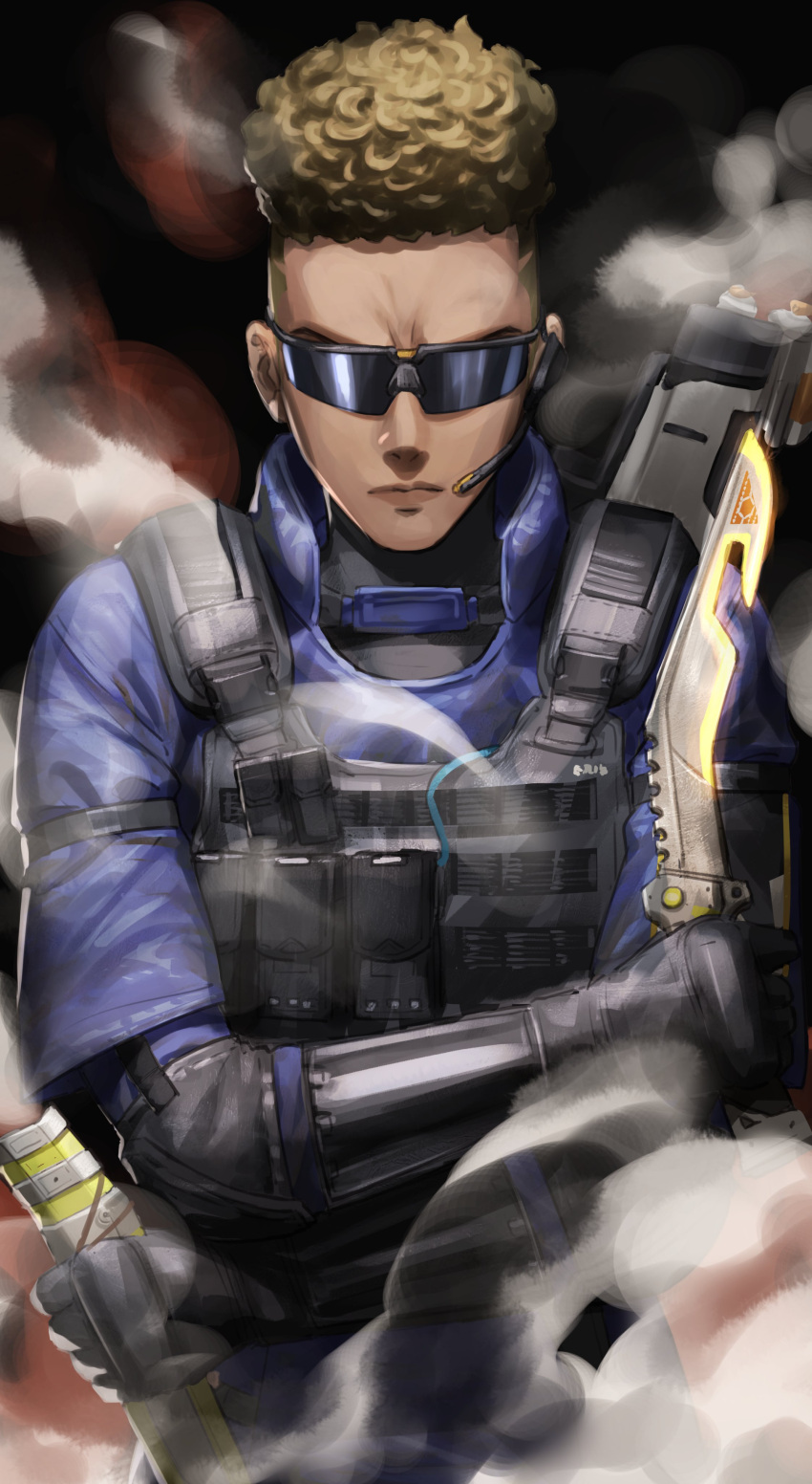 1girl, absurdres, apex_legends, bangalore_(apex_legends), black_gloves, blonde_hair, blue_jacket, bulletproof_vest, cold_steel_(apex_legends), crossed_arms, dark-skinned_female, dark_skin, gloves, highres, holding, holding_knife, jacket, knife, kukri, nemoto_yuuma, official_alternate_costume, portrait, shoulder_cannon, smoke, solo, the_enforcer_bangalore, upper_body