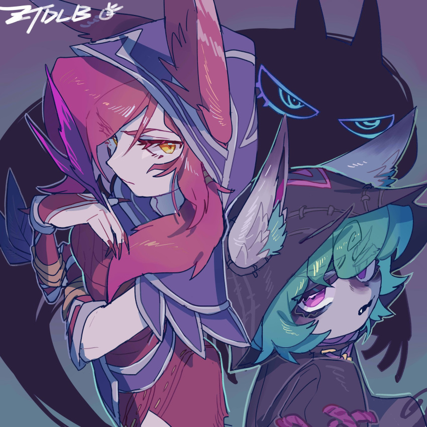 2girls, armor, artist_name, bangs, black_hoodie, breasts, cowboy_shot, fang
