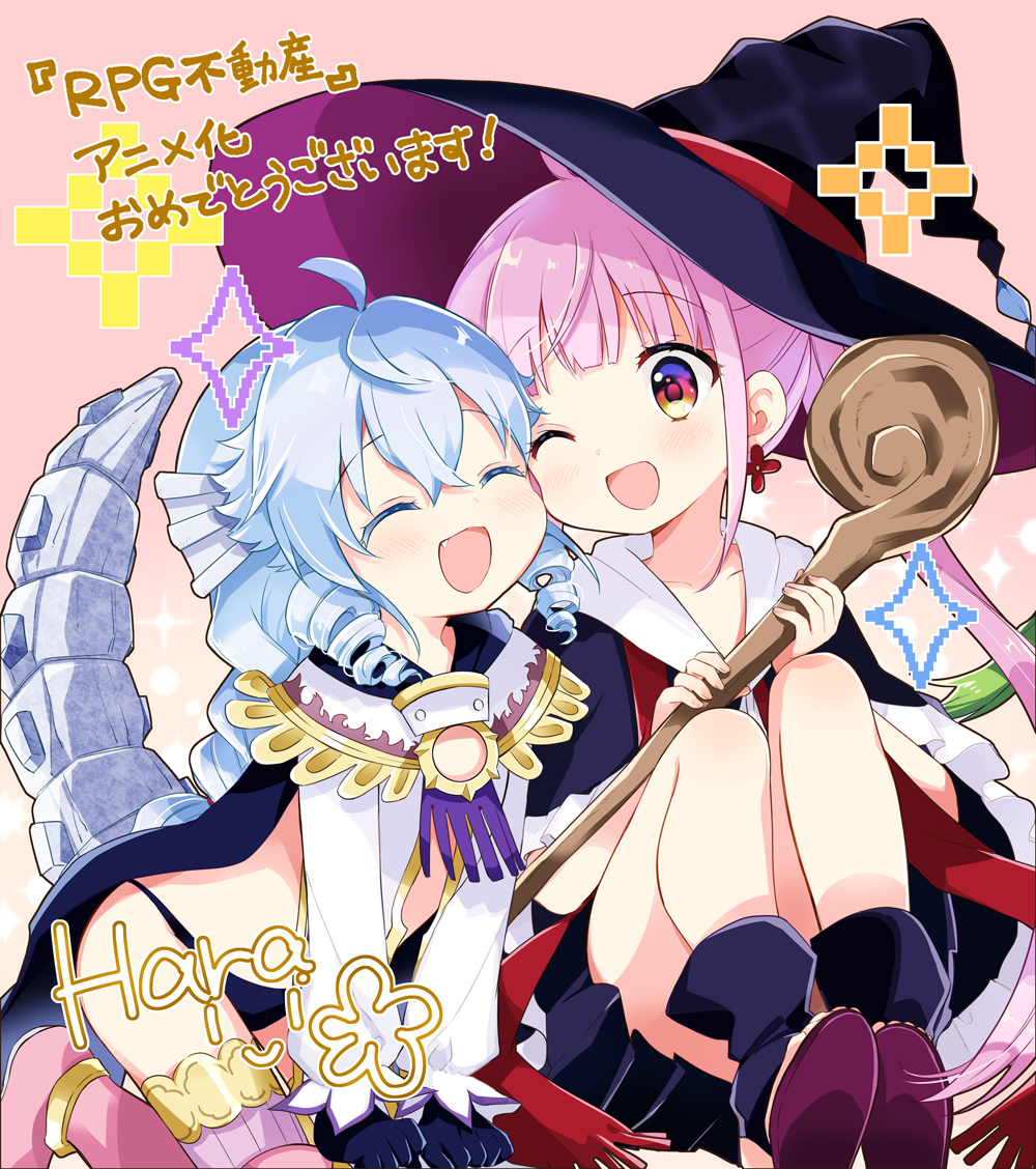 2girls, ;d, ^_^, ahoge, artist_name, black_gloves, blue_hair, boots