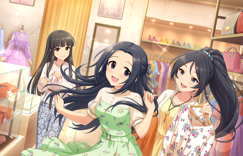 black_eyes, black_hair, blush, dress, egami_tsubaki, idolmaster_cinderella_girls_starlight_stage, long_hair, smile