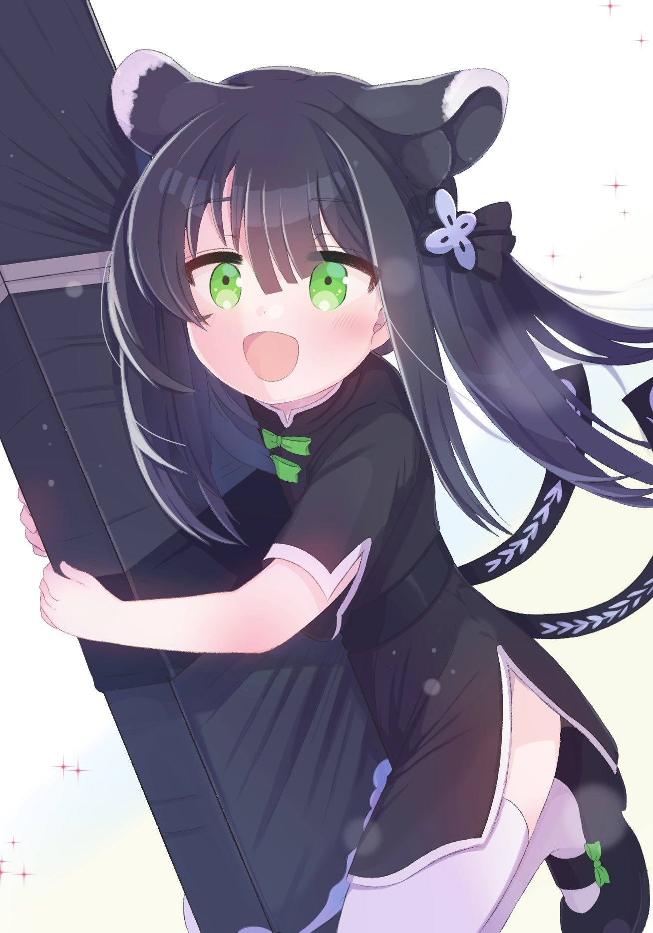 1girl, animal_ear_fluff, animal_ears, black_dress, black_footwear, black_hair, blue_archive, china_dress