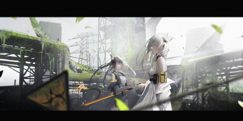 2girls, absurdres, animal_ears, arknights, arknights:_endfield, arm_up, backlighting, bare_shoulders, black_hair, black_jacket, blue_eyes, blush, breasts, closed_mouth, cropped_jacket, day, dragon_girl, dragon_horns, dragon_tail, dress, endfield_dragon_girl_(arknights), highres, horns, hzw3, jacket, letterboxed, long_hair, long_sleeves, looking_at_viewer, medium_breasts, moss, multiple_girls, off_shoulder, open_clothes, open_jacket, outdoors, perlica_(arknights), pouch, ruins, sheath, sheathed, sign, silver_hair, sword, tail, twintails, violet_eyes, warning_sign, weapon, white_dress, white_jacket