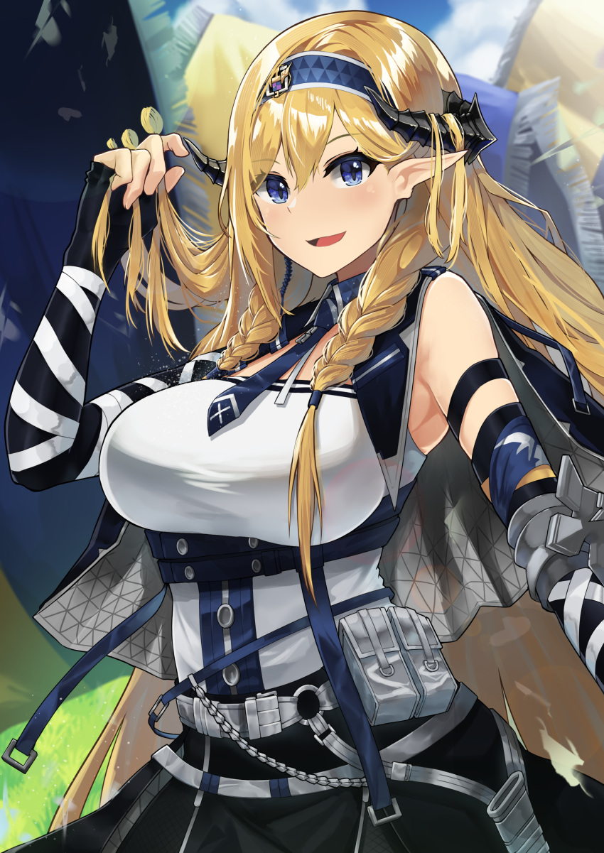 1girl, :d, absurdres, arknights, arm_strap, bangs, banner, bare_shoulders