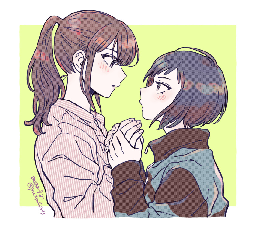 2girls, blush, dated, eye_contact, hand_grab, height_difference, highres, jacket