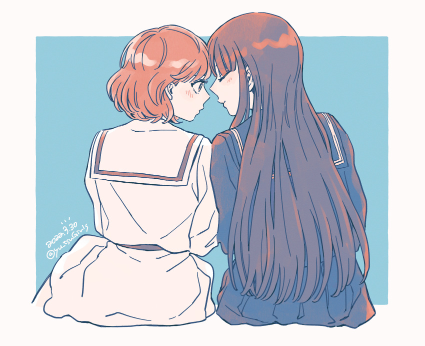 2girls, blush, closed_eyes, dated, enoki_sachi, face-to-face, highres, long_hair