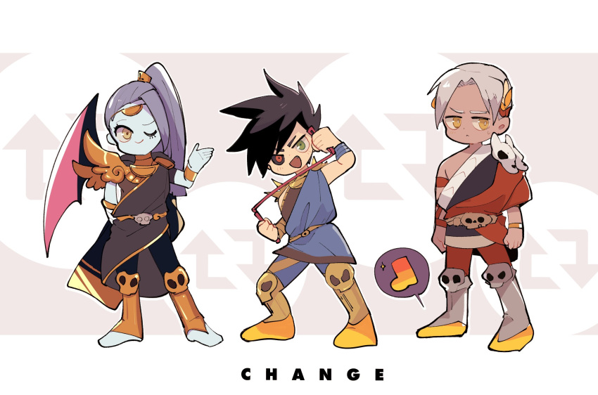 1girl, 2boys, :d, ;), barefoot, black_hair, black_sclera, blue_hair