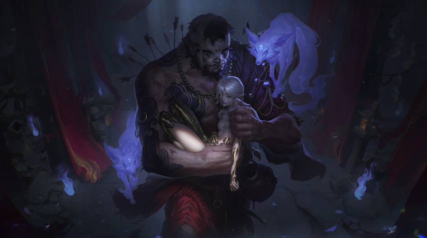 1boy, 1girl, arm_tattoo, arrow_(projectile), arrow_in_body, bandages, bare_pectorals, bead_necklace