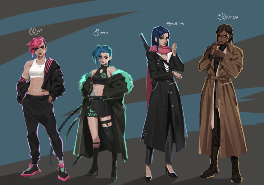 4girls, absurdres, alternate_costume, arcane:_league_of_legends, arcane_jinx, asymmetrical_legwear, bangs, bare_shoulders, black_coat, black_footwear, black_jacket, black_legwear, black_pants, black_skirt, blue_hair, boots, braid, breasts, brie_(vegetable_on), brown_coat, brown_footwear, brown_hair, brown_pants, caitlyn_(league_of_legends), character_name, cigar, closed_mouth, cloud_tattoo, coat, dark-skinned_female, dark_skin, full_body, green_background, grey_background, hand_up, high_heels, highres, holding, holding_cigar, jacket, jinx_(league_of_legends), knee_boots, kneehighs, league_of_legends, lighter, long_hair, long_sleeves, looking_at_viewer, medium_breasts, multiple_girls, navel, off_shoulder, open_clothes, open_coat, open_jacket, pants, pink_hair, pink_scarf, red_lips, scarf, sevika_(arcane), shiny, shiny_hair, short_hair, siblings, single_bare_shoulder, single_kneehigh, single_thighhigh, sisters, skirt, smile, standing, stomach, thigh-highs, twin_braids, vi_(league_of_legends), weapon