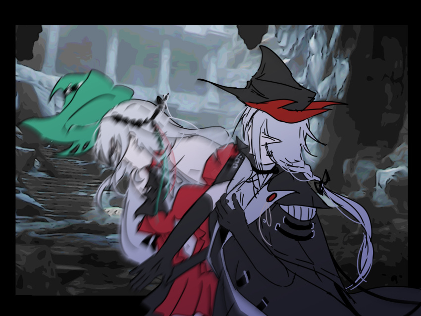 2girls, aqua_headwear, arknights, ascot, bare_shoulders, black_ascot, black_coat, black_gloves