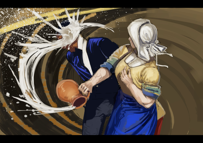 1boy, 1girl, apron, arms_behind_back, bow, bowtie, chris_rock, dark-skinned_male