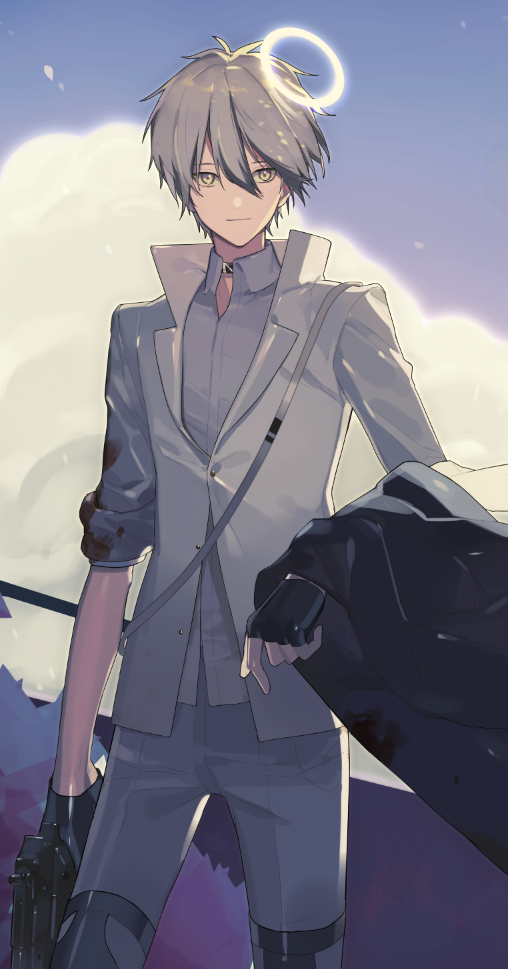 1boy, adnachiel_(arknights), arknights, bishounen, black_gloves, black_jacket, cowboy_shot, crossbow