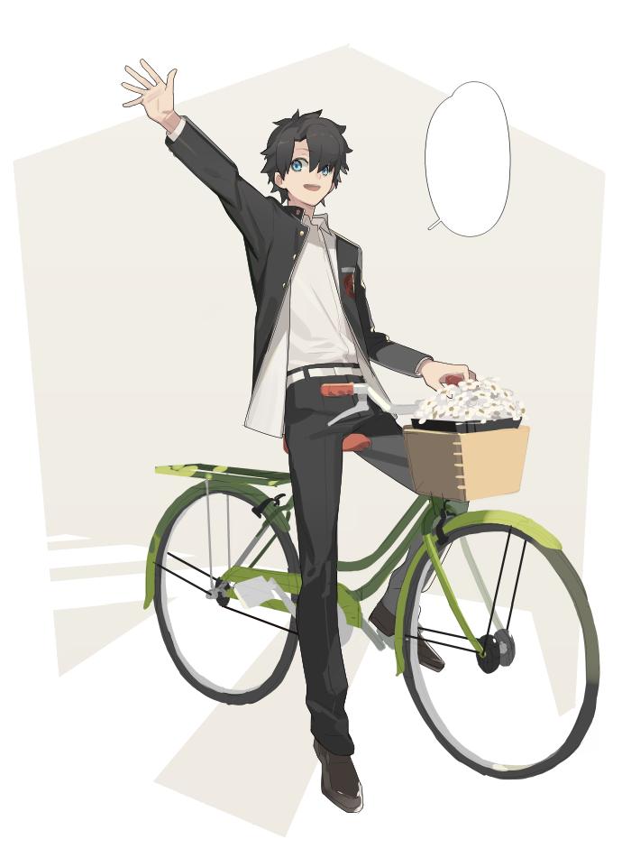 1boy, bicycle, bishounen, black_hair, blue_eyes, fate/grand_order, fate_(series), flower