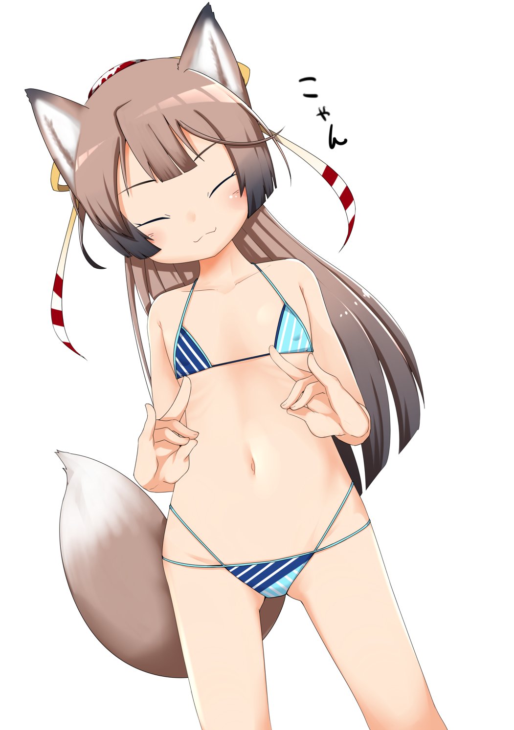 1girl, :3, animal_ears, bikini, brown_hair, buttons, closed_eyes, covered_nipples