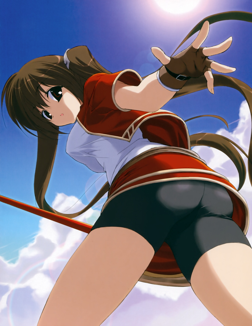 1girl, ass, bike_shorts, breasts, brown_gloves, clouds, covered_nipples, eyebrows_visible_through_hair