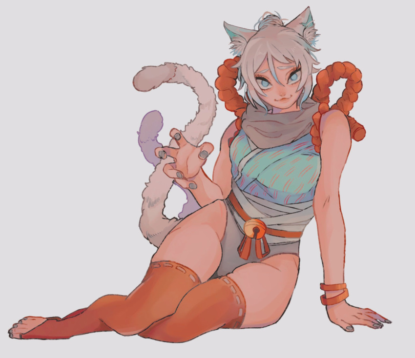 1girl, :3, animal_ears, apex_legends, barefoot, blue_eyes, blue_nails, blue_shirt