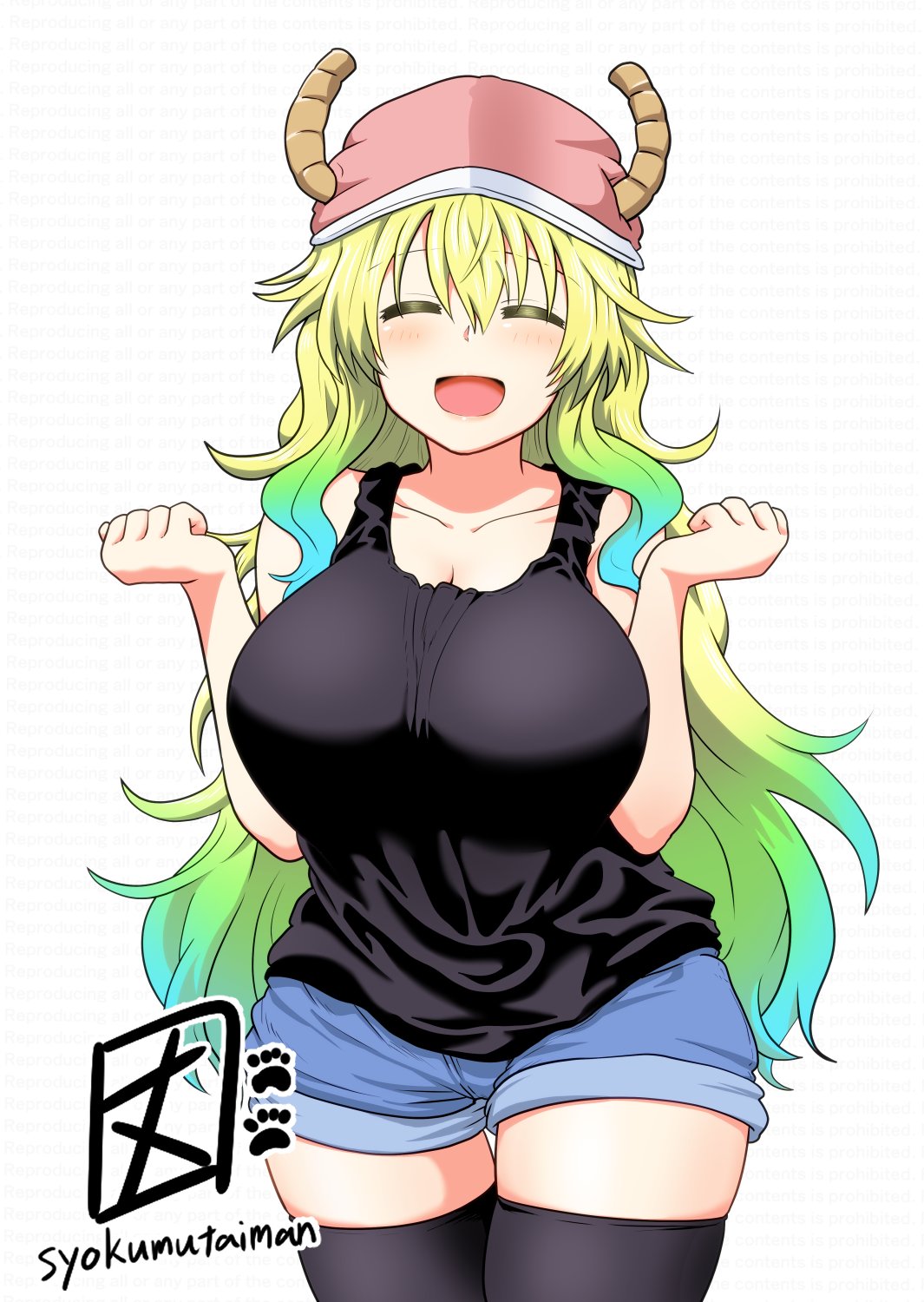 1girl, :d, baseball_cap, black_legwear, black_tank_top, blonde_hair, blue_shorts, breasts