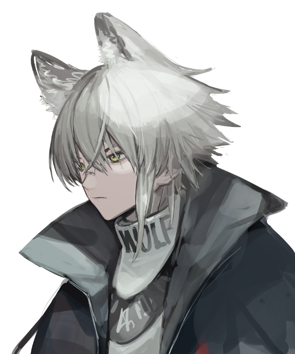 1boy, animal_ears, aosta_(arknights), arknights, bandaid, bandaid_on_face, bandaid_on_nose, bishounen, black_jacket, collar, english_text, from_side, jacket, looking_to_the_side, male_focus, serious, shirt, simple_background, solo, upper_body, white_hair, white_shirt, wolf_boy, wolf_ears, yellow_eyes, yszx