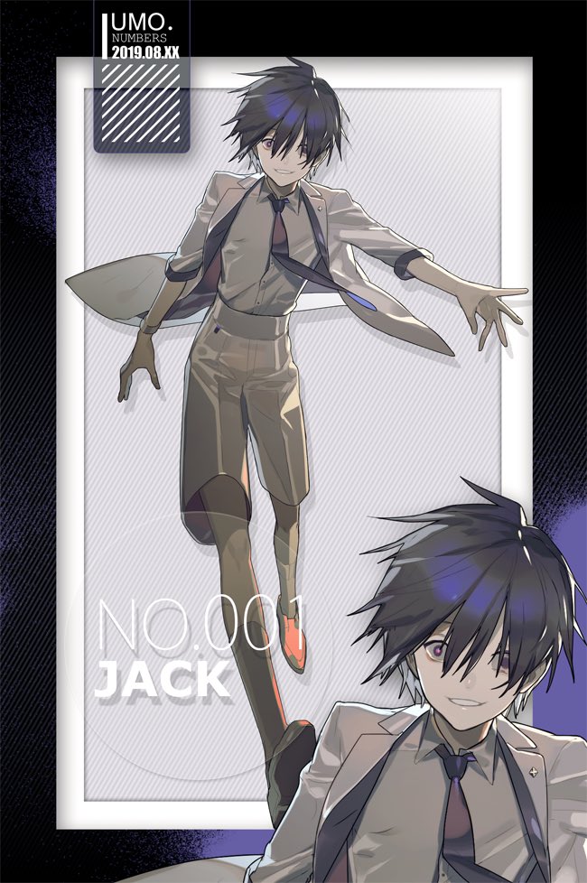 1boy, bishounen, black_hair, formal, jack_(the_last_crown), male_focus, multiple_views, necktie, shirt, short_hair, shorts, simple_background, smile, solo, suit, the_last_crown, violet_eyes, white_background, white_shirt, white_suit, yszx