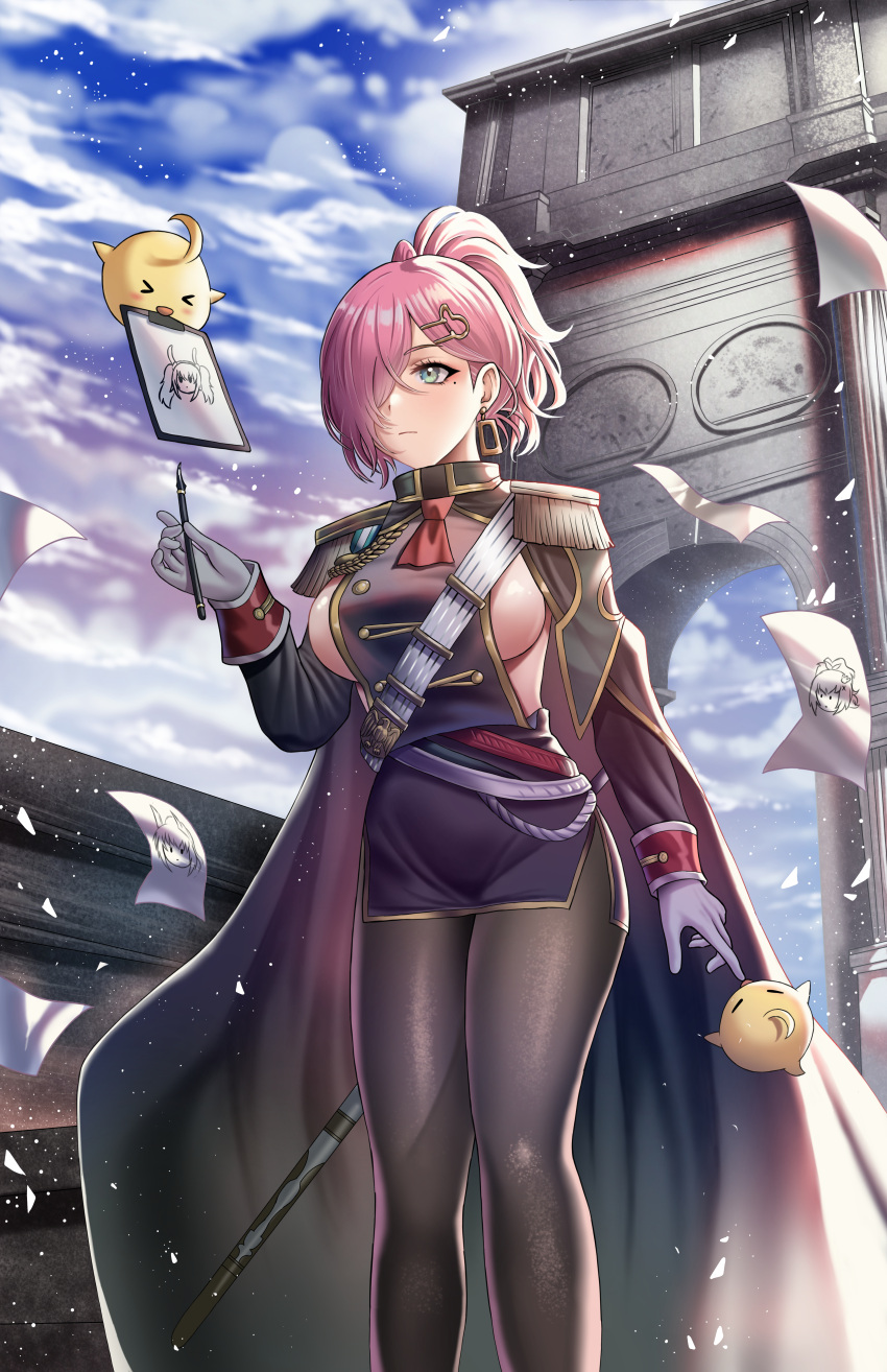 >_<, 1girl, absurdres, aiguillette, ayanami_(azur_lane), azur_lane, bangs, black_cape, black_jacket, black_legwear, black_skirt, blue_sky, breasts, buko_(bukosuki), cape, clipboard, closed_mouth, clouds, cloudy_sky, commentary, cowboy_shot, day, earrings, epaulettes, eyebrows_visible_through_hair, gloves, green_eyes, hair_between_eyes, hair_ornament, hair_over_one_eye, hairclip, hand_up, highres, holding, holding_pen, jacket, javelin_(azur_lane), jewelry, laffey_(azur_lane), large_breasts, long_hair, long_sleeves, manjuu_(azur_lane), medal, military, military_uniform, miniskirt, mole, neck_ribbon, outdoors, pantyhose, paper, pen, pencil_skirt, pink_hair, ponytail, red_ribbon, ribbon, sheath, sheathed, sideboob, sidelocks, single_earring, skirt, sky, solo_focus, standing, sword, trieste_(azur_lane), uniform, weapon, white_gloves