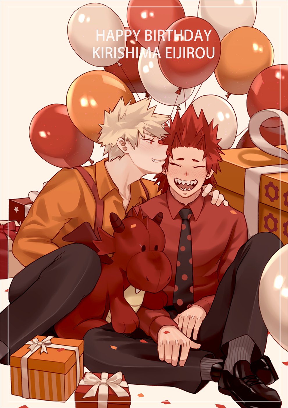 2boys, bakugou_katsuki, balloon, bangs, black_pants, blonde_hair, blush, boku_no_hero_academia