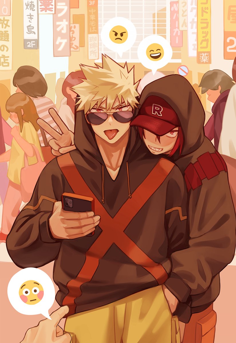 2boys, bakugou_katsuki, bangs, baseball_cap, black_hoodie, blonde_hair, boku_no_hero_academia, donnaoneone