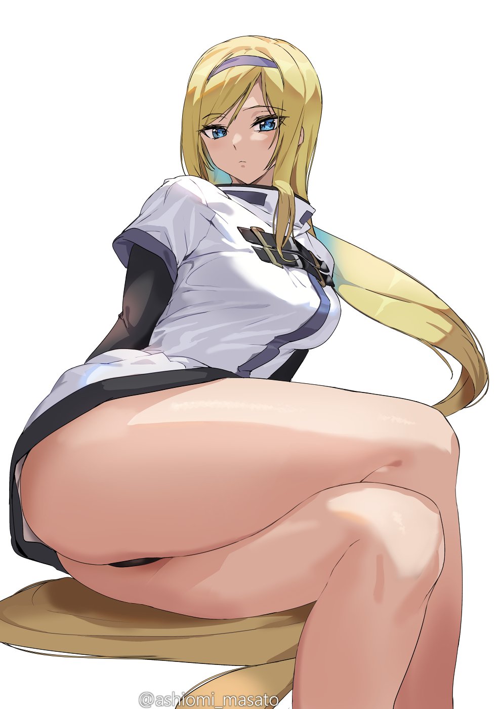 1girl, ashiomi_masato, ass, bare_legs, black_panties, blonde_hair, blue_eyes, breasts