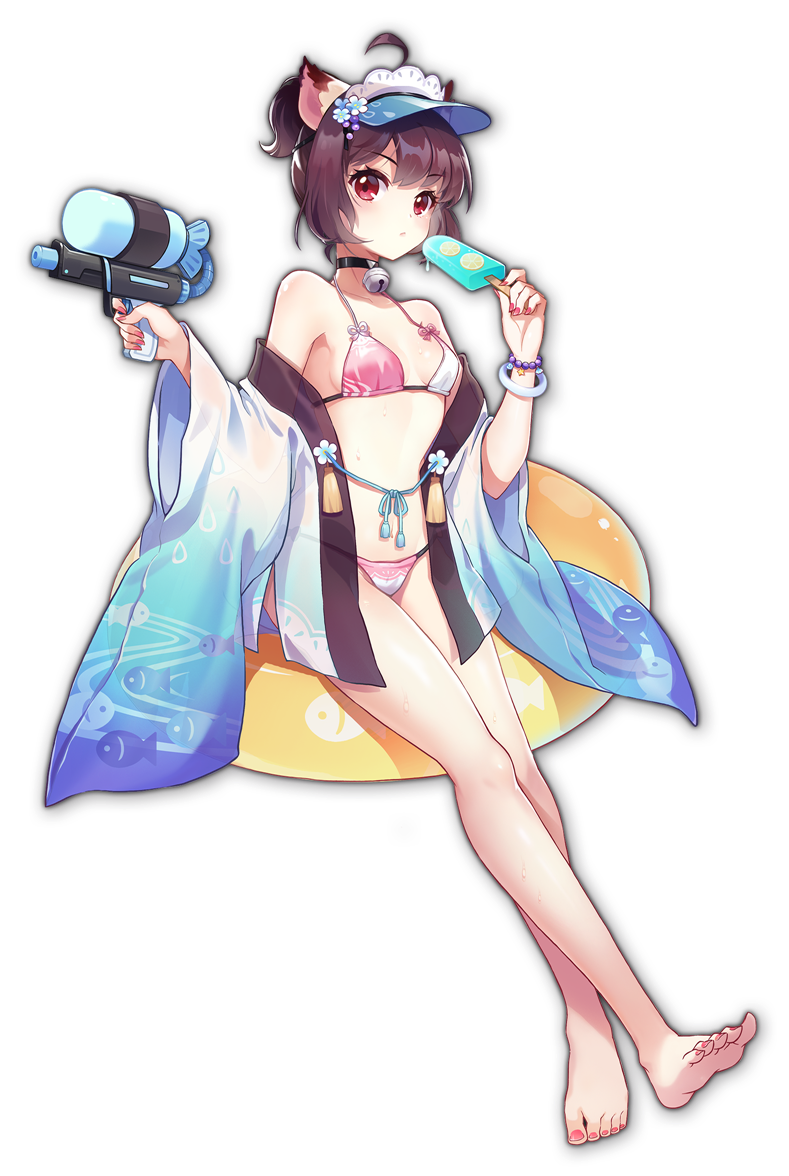 1girl, ahoge, animal_ears, animal_print, artist_request, bangs, barefoot, bell