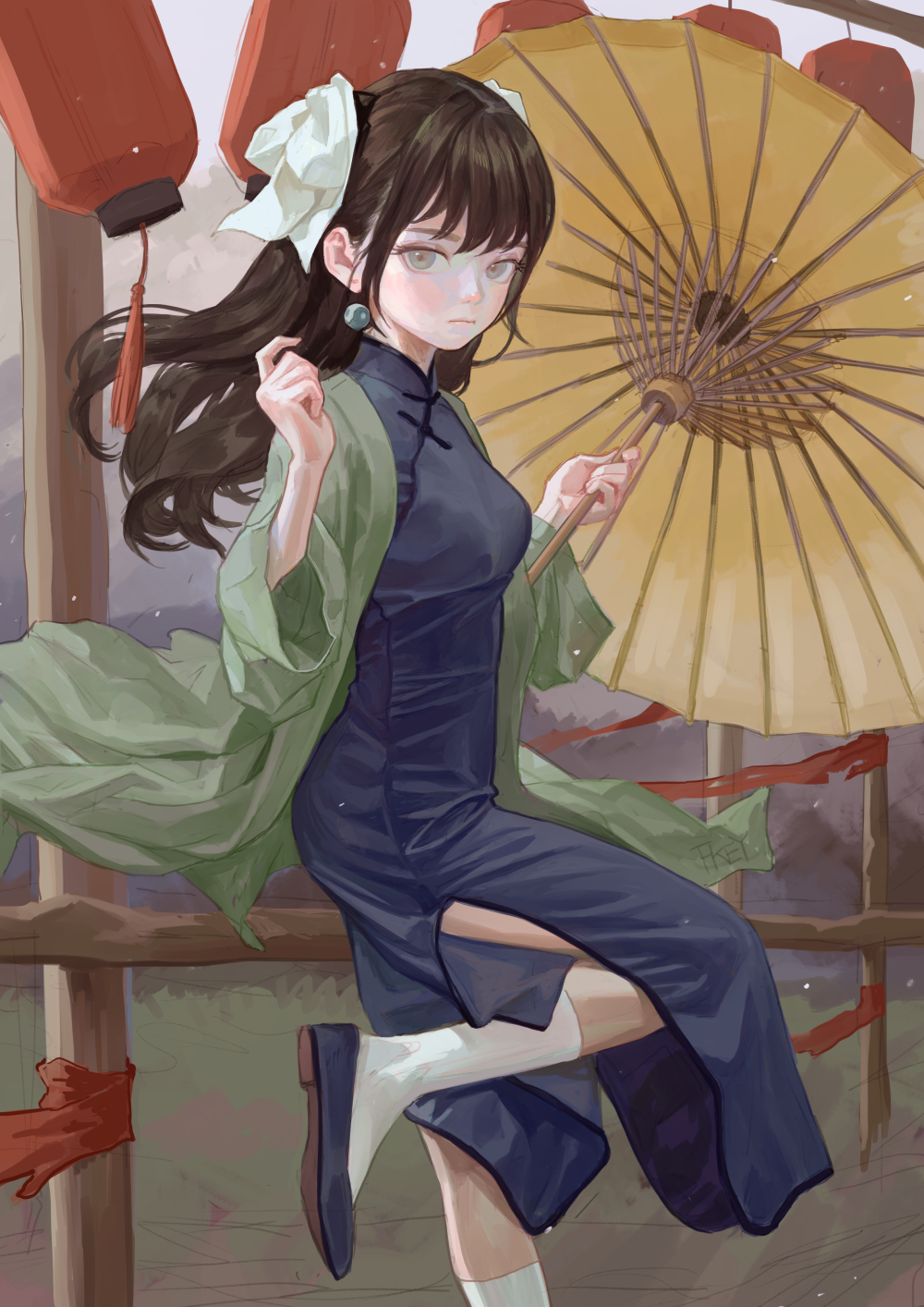 1girl, brown_eyes, brown_hair, chinese_clothes, earrings, eyeball_bracelet_girl_(fkey), fence, fkey