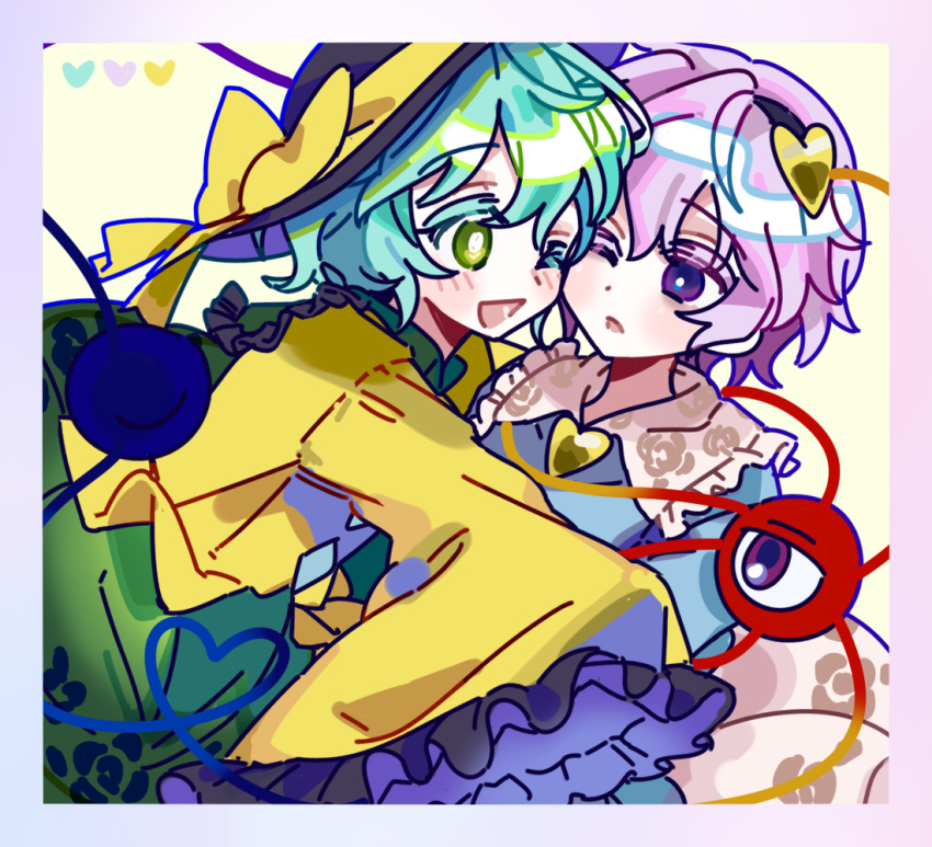2girls, :d, black_hairband, blouse, blue_blouse, blush, border, bow