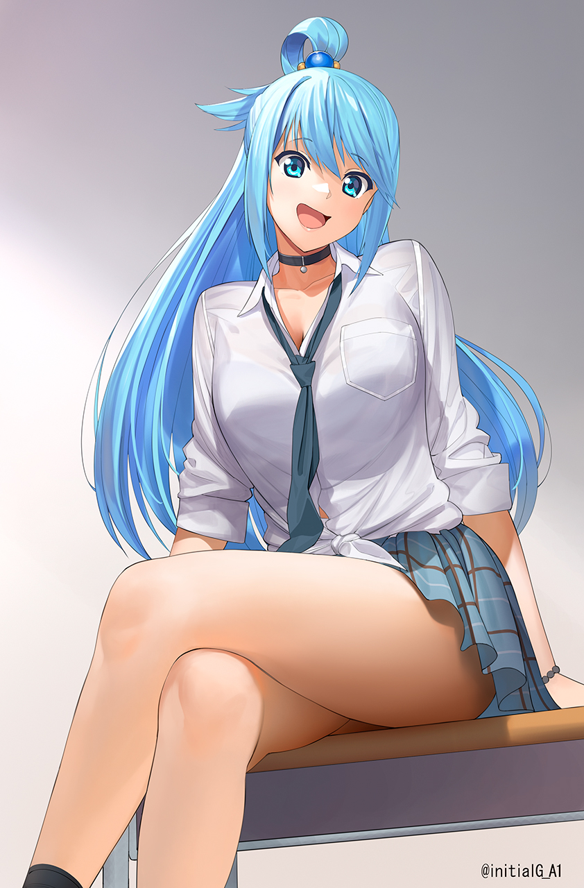 1girl, :d, a1, aqua_(konosuba), bead_bracelet, beads, black_choker, blue_eyes, blue_hair, blue_necktie, blue_skirt, bracelet, breasts, choker, commentary, cosplay, crossed_legs, feet_out_of_frame, gradient, gradient_background, grey_background, hair_rings, highres, jewelry, kitagawa_marin, kitagawa_marin_(cosplay), kono_subarashii_sekai_ni_shukufuku_wo!, legs, long_hair, looking_at_viewer, medium_breasts, necktie, open_mouth, plaid, plaid_skirt, revision, school_uniform, skirt, smile, solo, sono_bisque_doll_wa_koi_wo_suru, thighs, twitter_username