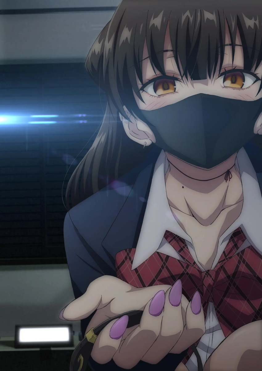 1girl, animal_collar, anime_in_real_life, april_fools, black_hair, black_mask, brown_eyes, choker, collar, ear_piercing, highres, konata_(kankin_jk), leash, long_hair, looking_at_viewer, mask, mishiranu_joshikousei_ni_kankin_sareta_mangaka_no_hanashi, mole, mole_on_neck, mouth_mask, photo_background, piercing, pov_across_table, ribbon_choker, ryouma_(galley), school_uniform, solo
