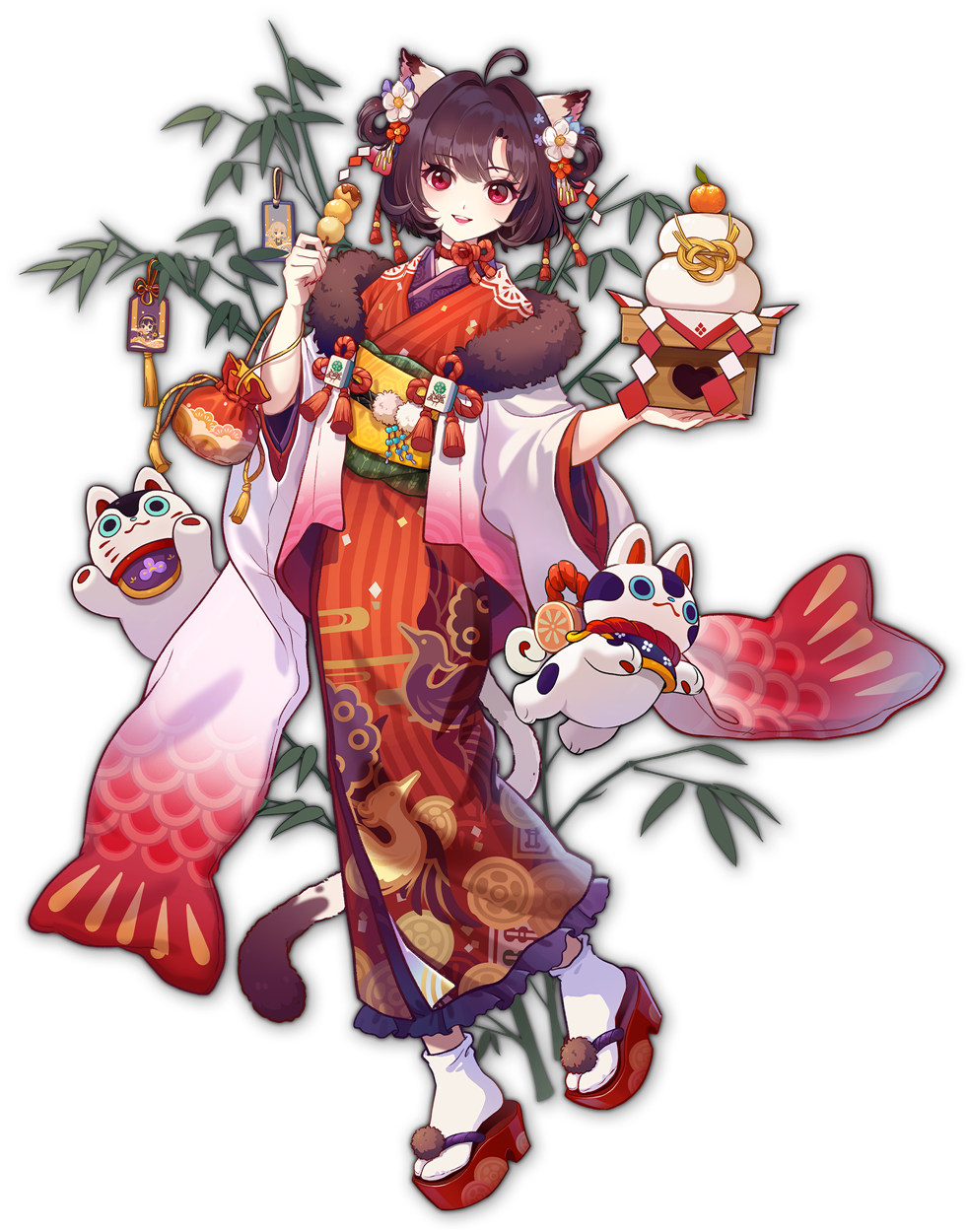 1girl, ahoge, animal_ears, animal_print, artist_request, bamboo, bangs, box