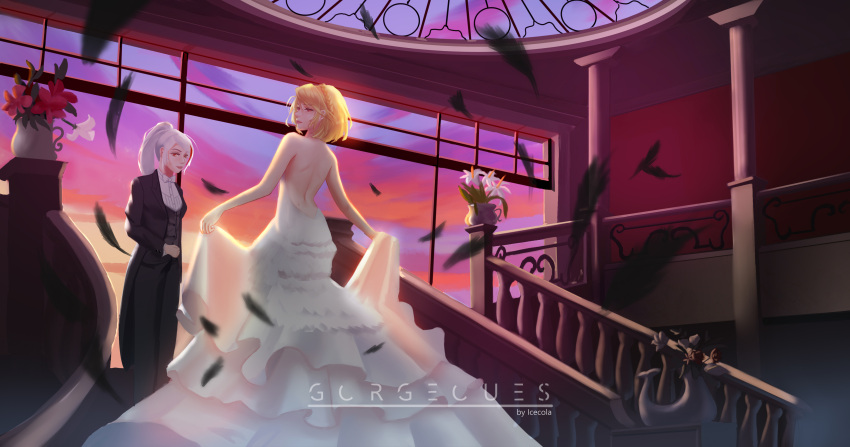 2girls, absurdres, azur_lane, back, backless_outfit, blonde_hair, bow, bowtie, braid, breasts, bride, clothes_lift, crown_braid, dress, earrings, ekikon, feathers, flower, formal, highres, jewelry, layered_dress, long_dress, long_hair, looking_at_viewer, medium_breasts, medium_hair, multiple_girls, orange_eyes, ponytail, prince_of_wales_(azur_lane), prinz_eugen_(azur_lane), railing, red_eyes, red_flower, silver_hair, skirt, skirt_lift, strapless, strapless_dress, suit, tuxedo, vest, wedding, wedding_dress, white_dress, white_flower, wife_and_wife, window, yuri