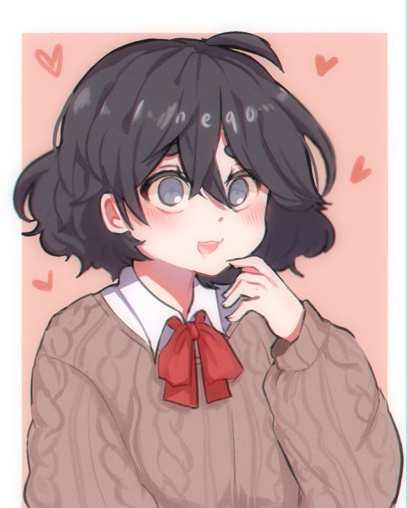 1girl, :d, aran_sweater, bangs, black_hair, blind_girl_(popopoka), blush, borrowed_character