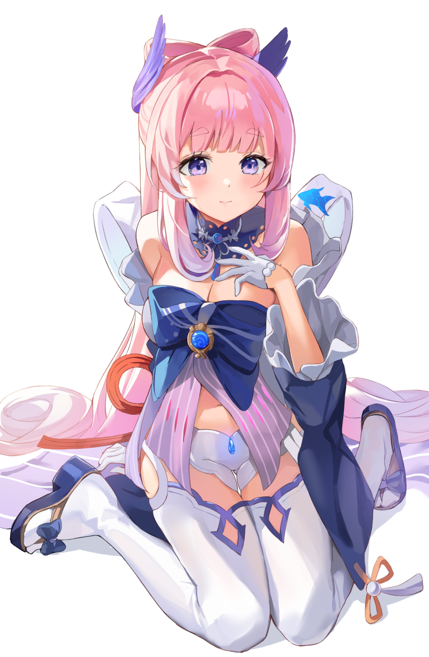 1girl, blue_eyes, blush, bow, bowtie, frilled_sleeves, frills, full_body, genshin_impact, gloves, highres, looking_at_viewer, navel, pink_hair, short_shorts, shorts, simple_background, solo, thigh-highs, water_drop, white_background, white_gloves, white_legwear, white_shorts, yurancoco