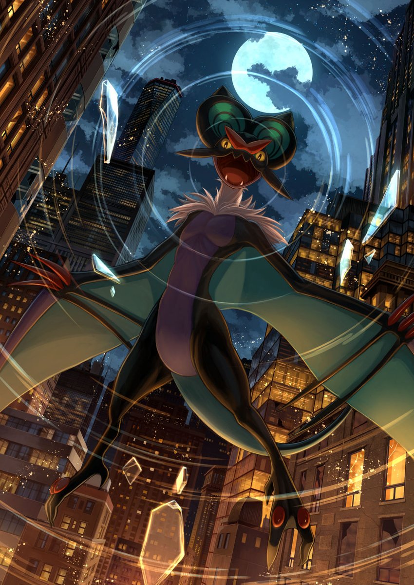 broken_glass, building, city, clouds, cloudy_sky, commentary, fangs, flying, glass, highres, hyper_voice_(pokemon), karamimame, looking_at_viewer, moon, night, night_sky, noivern, open_mouth, outdoors, pokemon, pokemon_(creature), sky, skyscraper, slit_pupils, star_(sky), tongue, window, yellow_eyes