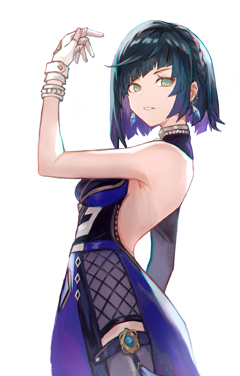 1girl, armpits, bare_arms, bare_shoulders, black_legwear, blue_dress, blue_hair, bob_cut