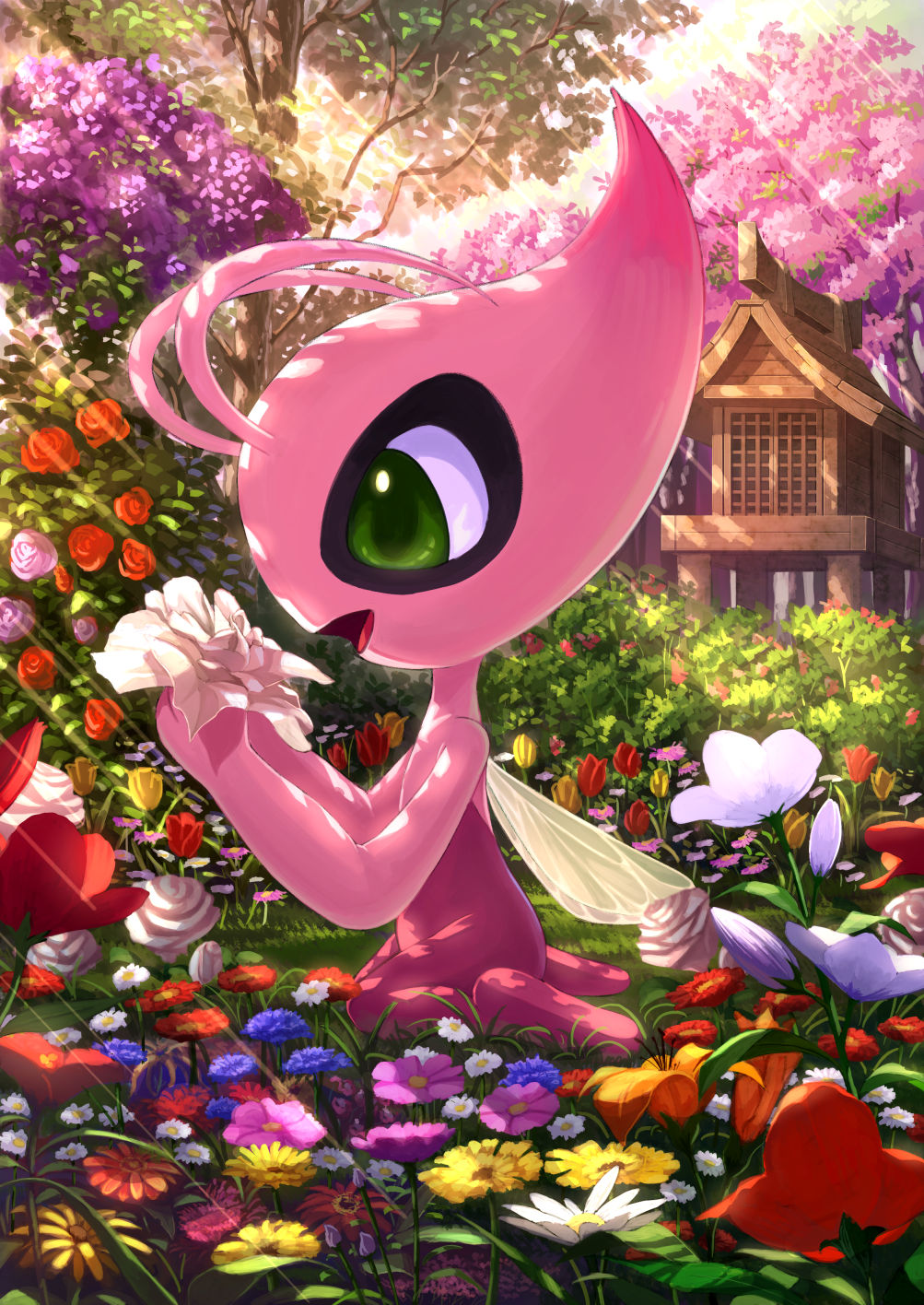 alternate_color, antennae, celebi, commentary, day, flower, flower_request, green_eyes