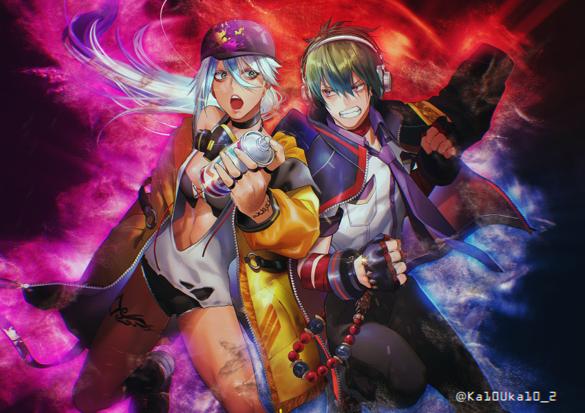 1boy, 1girl, baseball_cap, beads, blue_eyes, finger_tattoo, gloves, green_hair