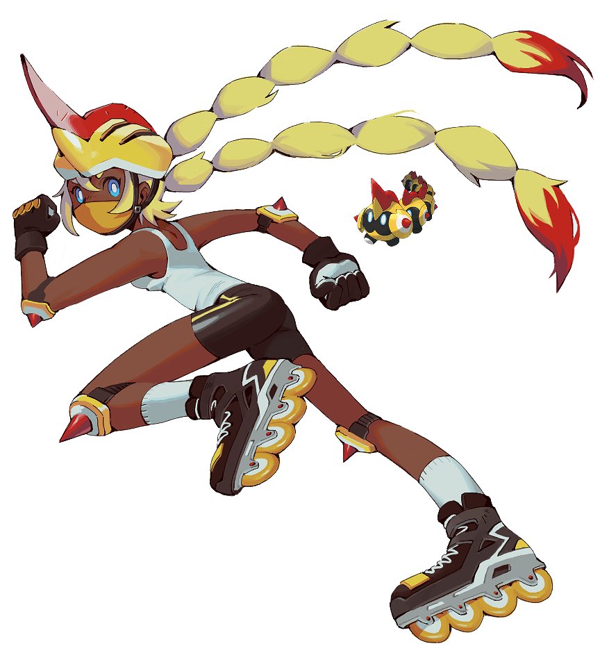 1girl, blue_eyes, bright_pupils, dark-skinned_female, dark_skin, elbow_pads, falinks, full_body, gloves, helmet, inline_skates, kneepits, mask, mouth_mask, pokemon, reference_inset, roller_skates, simple_background, skates, skating, socks, solo, sorrysap, spiked_elbow_pads, spiked_helmet, spiked_kneepads, tank_top, twintails, white_background, white_legwear, white_pupils, white_tank_top