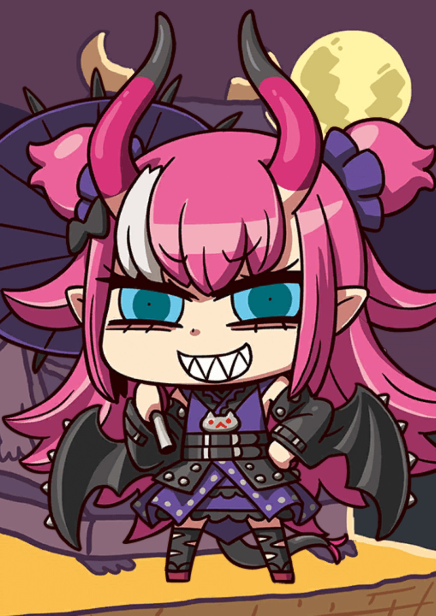 1girl, april_fools, bangs, blue_eyes, chibi, elizabeth_bathory_(fate), elizabeth_bathory_(japan)_(fate), evil_grin, evil_smile, eyebrows_visible_through_hair, fate/grand_order, fate_(series), full_body, full_moon, grin, highres, horns, long_hair, moon, official_art, oni_horns, pink_hair, pointy_ears, riyo_(lyomsnpmp), sharp_teeth, smile, solo, tail, teeth, v-shaped_eyebrows, very_long_hair