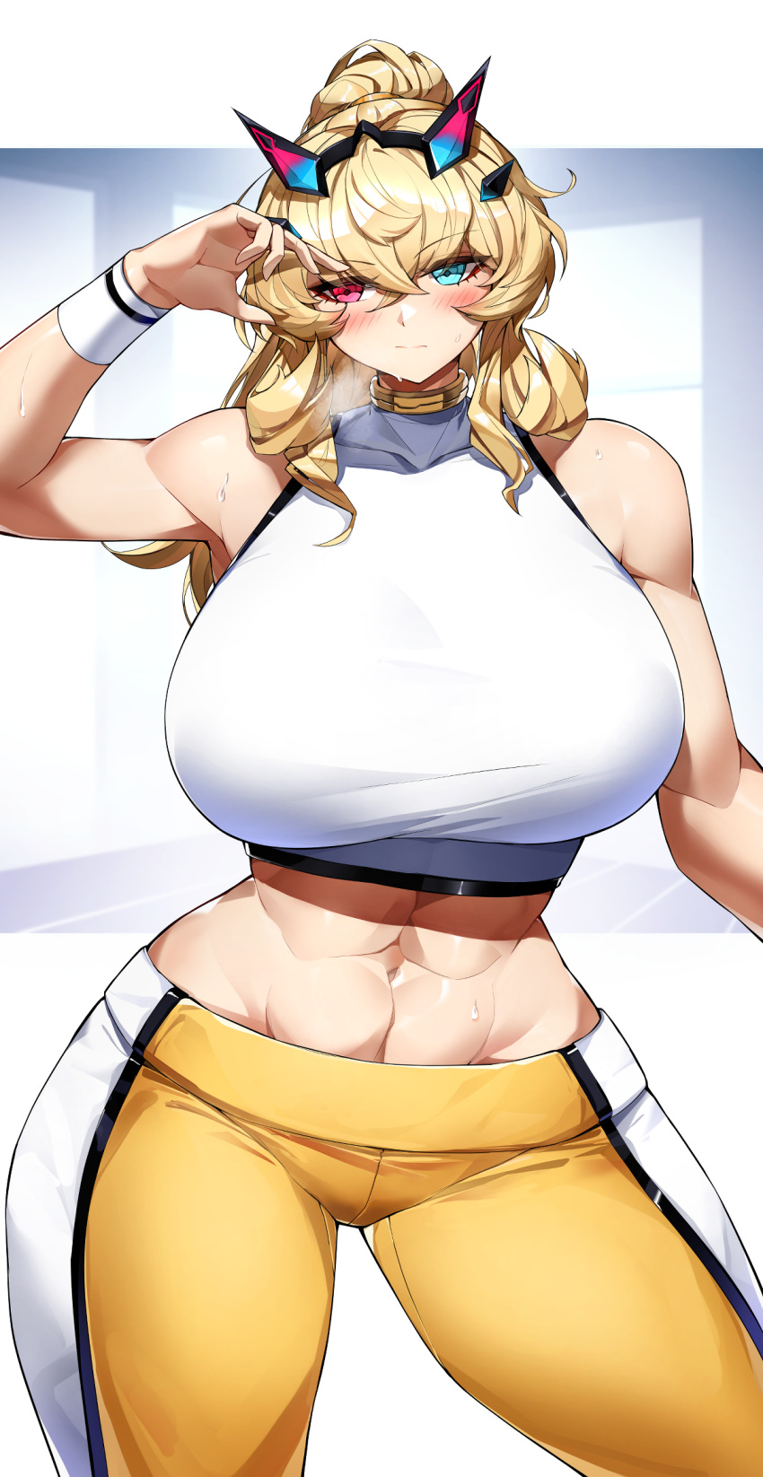 1girl, alternate_hairstyle, blonde_hair, blush, breasts, casul, fairy_knight_gawain_(fate), fate/grand_order, fate_(series), heterochromia, highres, horns, huge_breasts, muscular, muscular_female, pants, ponytail, solo, sweat, tank_top, tight, tight_pants, wristband